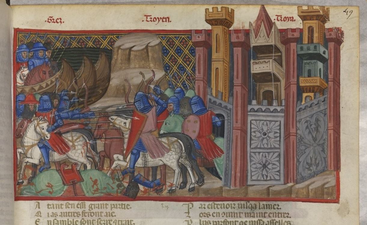 1340-50 Le roman de Troie BNF FR 782 fol f. 49r, Bataille entre Grecs et Troyens