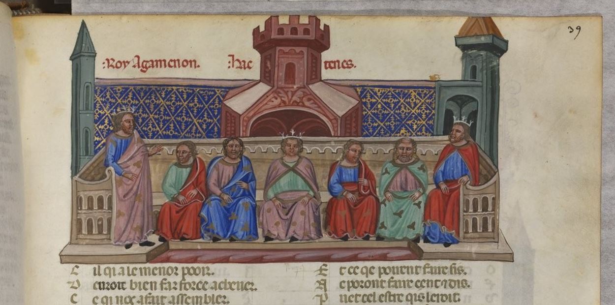 1340-50 Le roman de Troie BNF FR 782 fol fol 39r Conseil présidé par Agamemnon