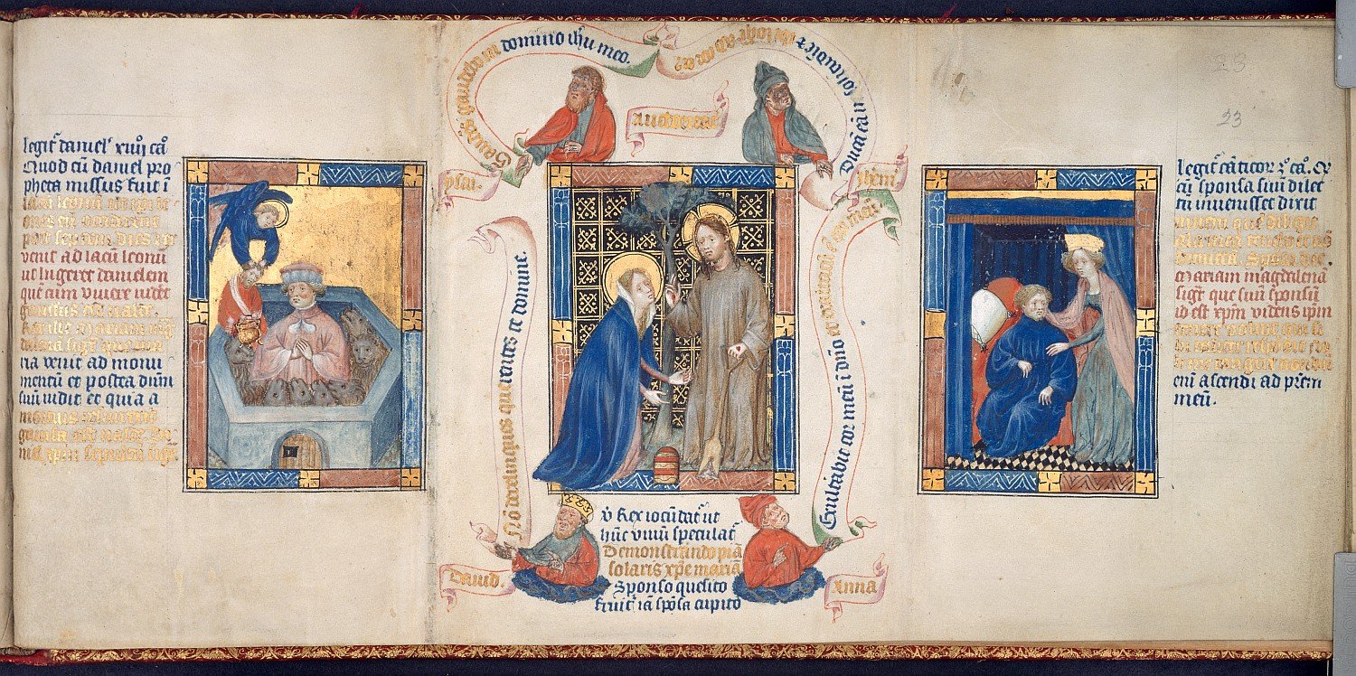 1395-1405 Master of Hours of Margaret of Cleves Biblia pauperum BL King's 5 fol 23_-_Appearance_to_Mary