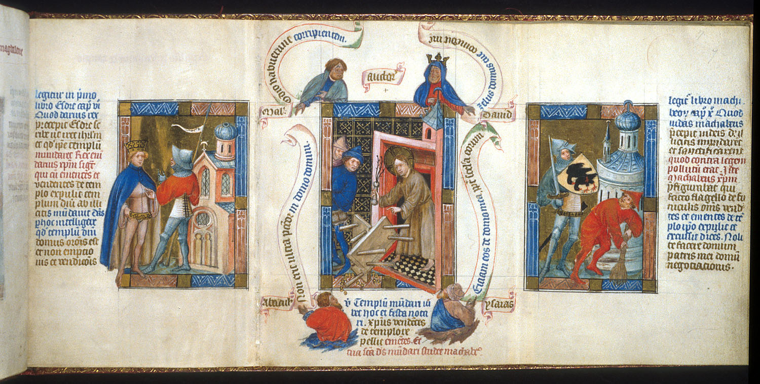 1395-1405 Master of Hours of Margaret of Cleves Biblia pauperum BL King's 5 fol 7_-_Expulsion_of_the_Traders