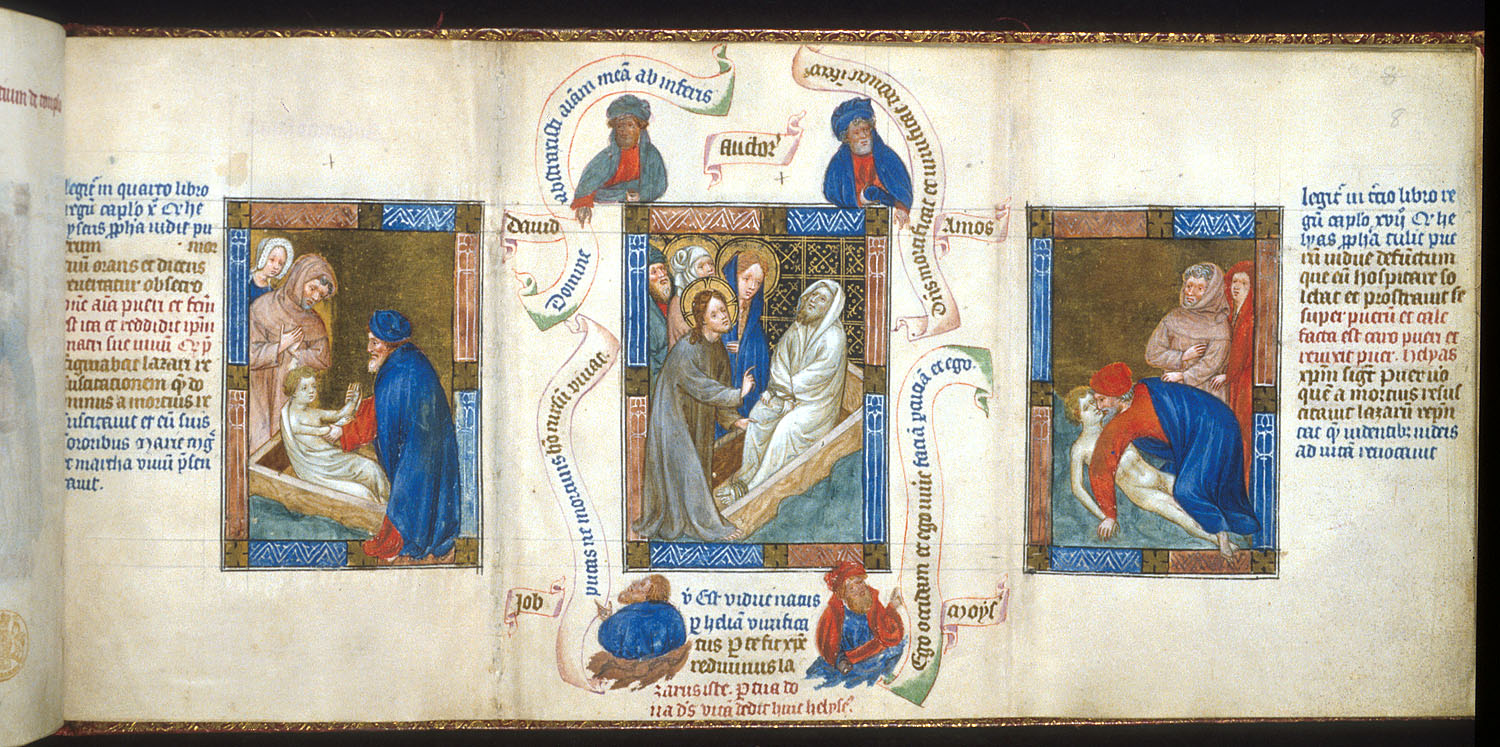 1395-1405 Master of Hours of Margaret of Cleves Biblia pauperum BL King's 5 fol 8 Raising_of_Lazarus