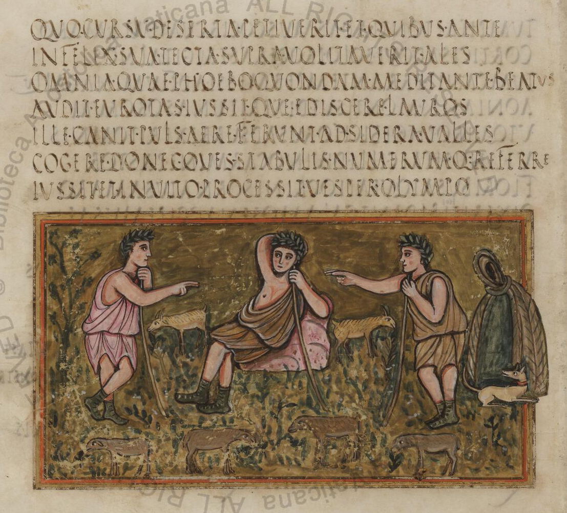 340-550 Virgile romain Ms Vat.Lat. 3867 fol 16v Eglogue 7 Corydon et thyrsis joutent sous l'arbitrage de Mélibée (c) Biblioteca Vaticana