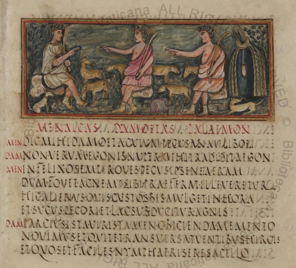 340-550 Virgile romain Ms Vat.Lat. 3867 fol 6r Eglogue 3 Menalque et Damète s'affrontent devant Palémon (c) Biblioteca Vaticana