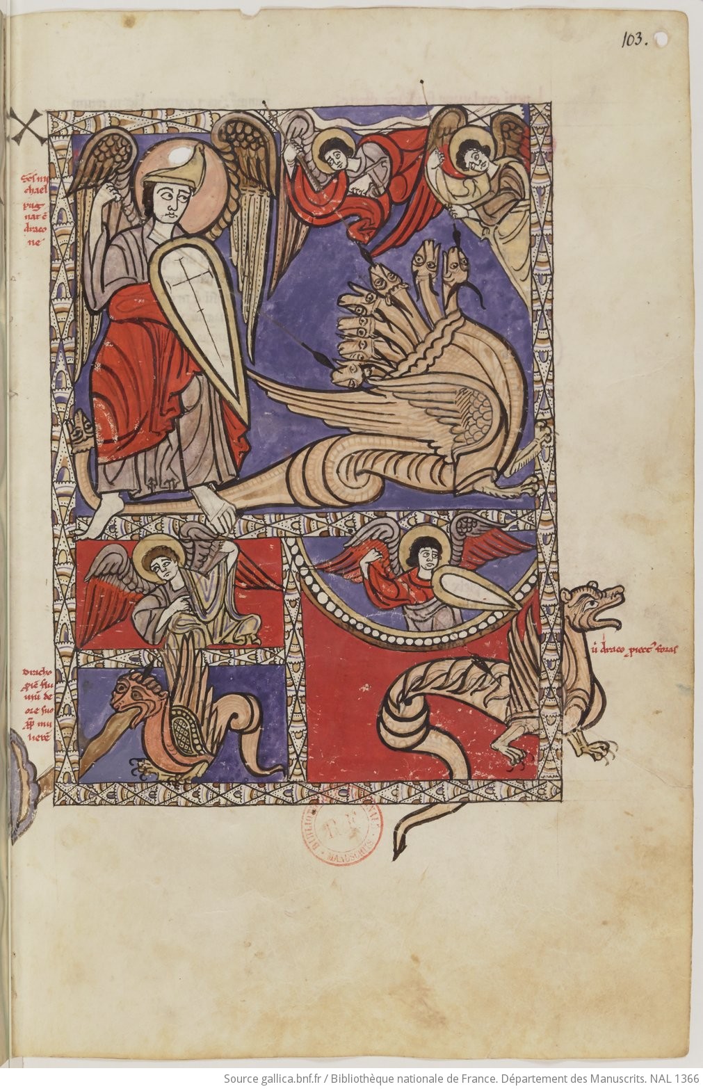 Apo 11,1-18 1180 ca Beatus de Navarre BNF NAL 1366 fol 103r Saint Michel combattant la Bete