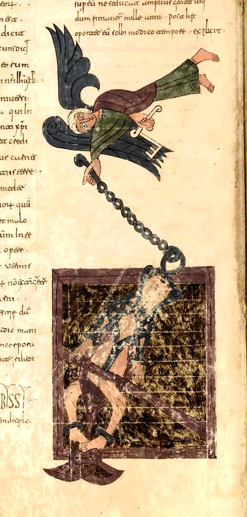 Apo 20,1-3 980-1000 Beatus San Millan de la Cogola Academie Madrid Cod.Emil.33 fol 213v Ange enfermant le diable aux enfers