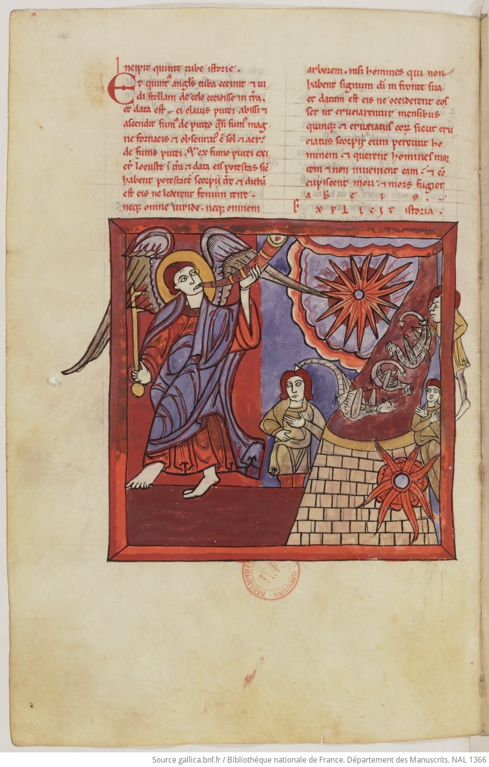 Apo 9,1-6 1180 ca Beatus de Navarre BNF NAL 1366 fol 90v Cinquieme trompette et sauterelles