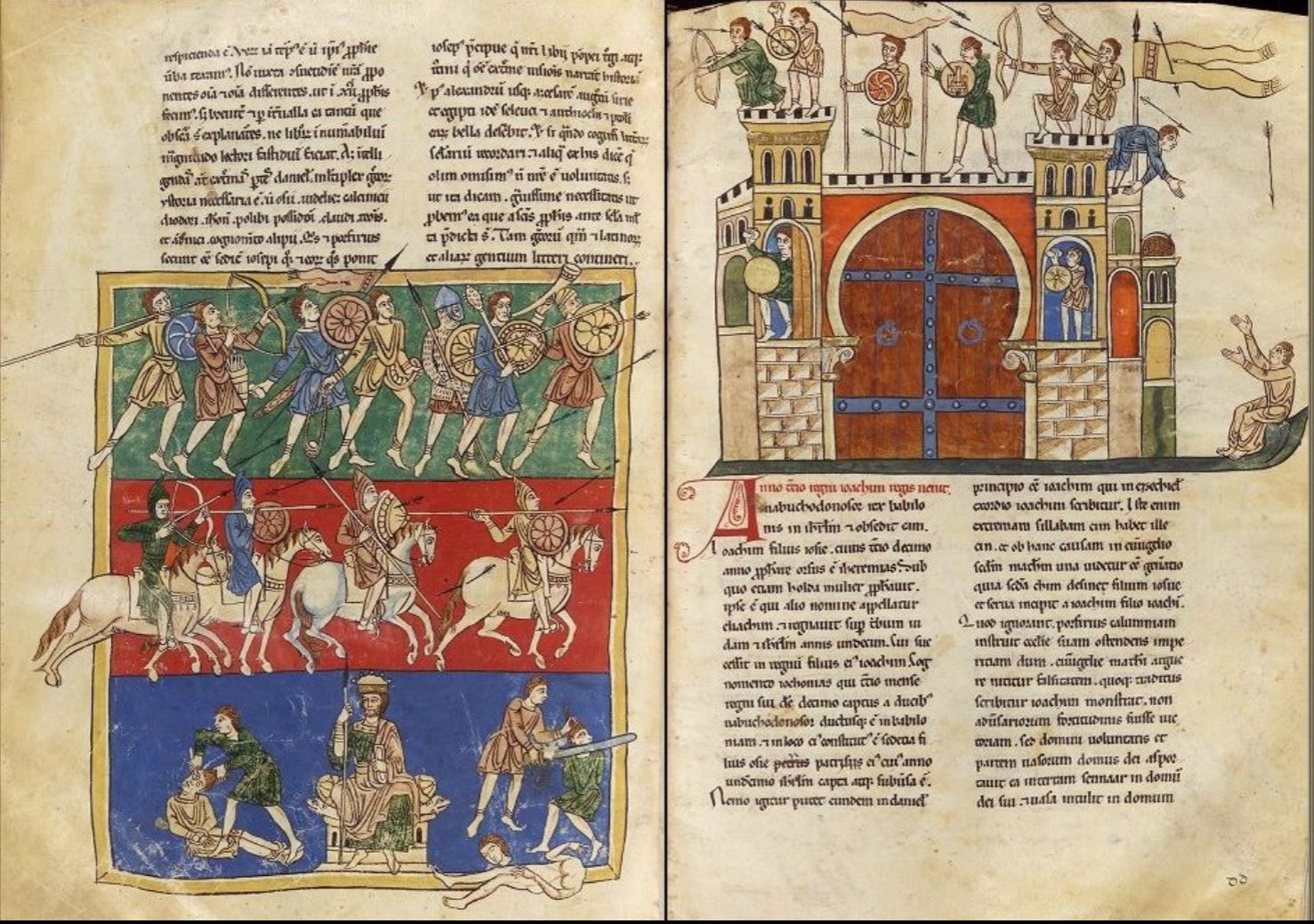 Jer 39 1180-90 Beatus de Manchester, John Rylands Library, Latin MS 8 fol 206v-207r Siège de Jérusalem et lamentation de J