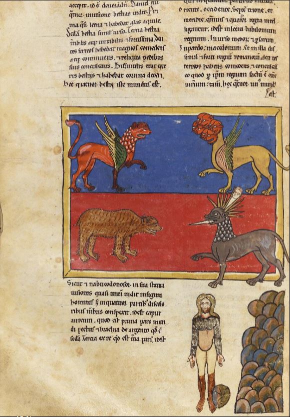 Vision 4 betes et statue 1180-90 Beatus de Manchester, John Rylands Library, Latin MS 8 Fol 49v Nebuchadnezzar's first dream