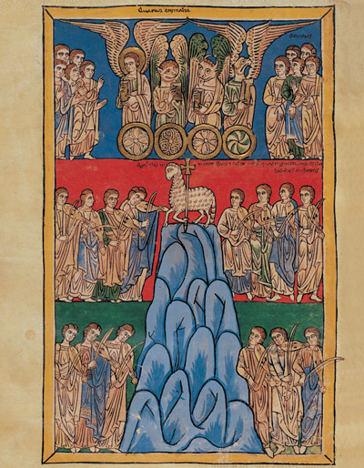 apo 14,1-5 1180-90 Beatus de Manchester, John Rylands Library, Latin MS 8 fol 158v adoration de l'agneau