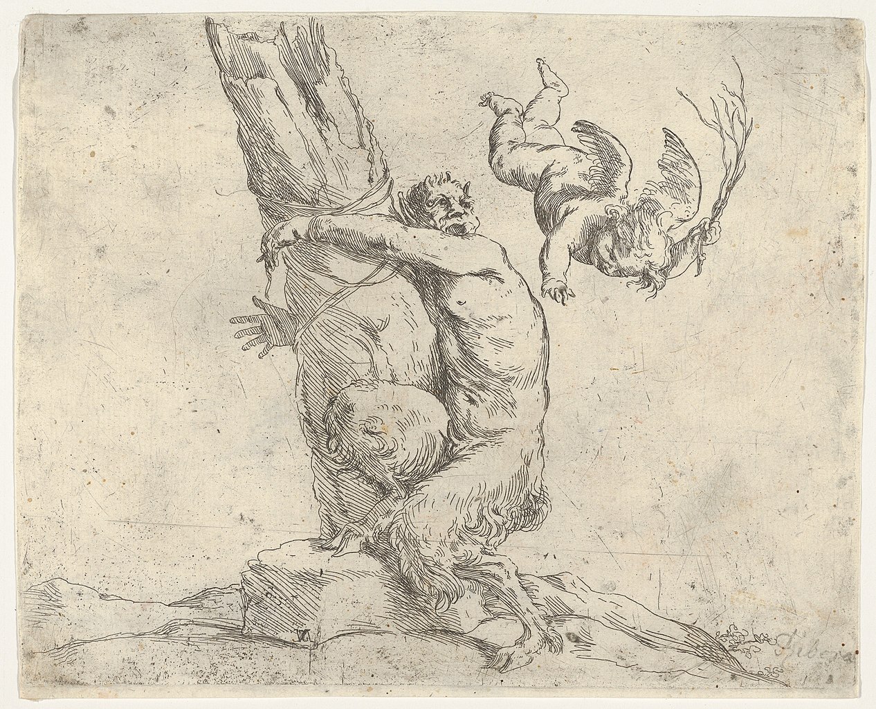 1625–1650 Ribera A_winged_putto_flogging_a_satyr_tied_to_a_tree_MET
