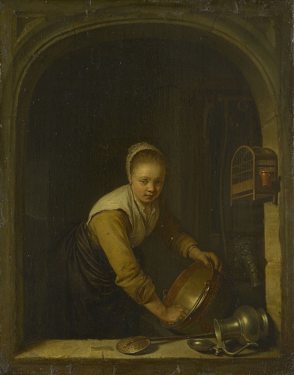 Gerard_Dou_-_Young_Girl_at_a_Window_scrubbing_a_Brass_Pan 1663 Royal Collection