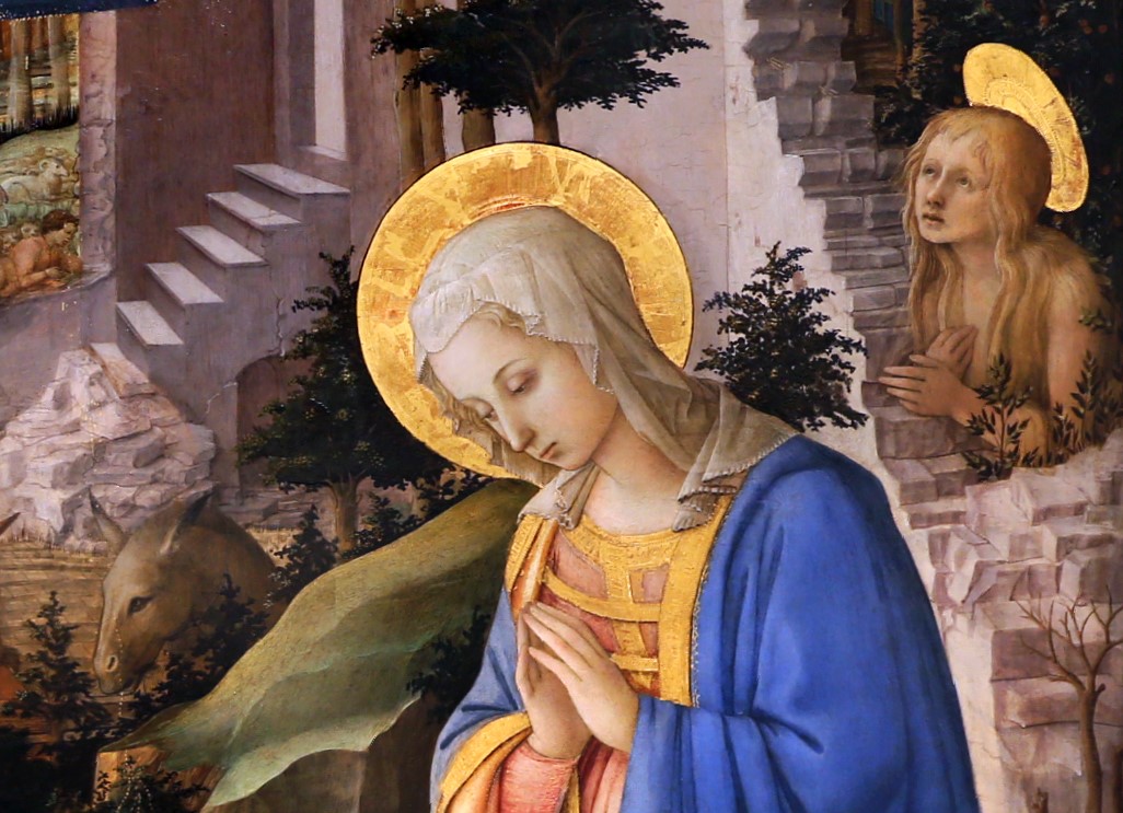 1455 ca Filippo_lippi Pala Annalena_adorazione_del_bambino_coi_ss._giuseppe,_girolamo,_ilarione_e_maria_maddalena,Uffizi detail echo