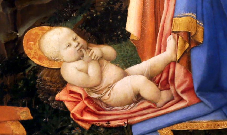1455 ca Filippo_lippi Pala Annalena_adorazione_del_bambino_coi_ss._giuseppe,_girolamo,_ilarione_e_maria_maddalena,Uffizi detail ernfant