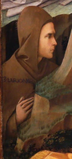 1455 ca Filippo_lippi Pala Annalena_adorazione_del_bambino_coi_ss._giuseppe,_girolamo,_ilarione_e_maria_maddalena,Uffizi detail hilarion