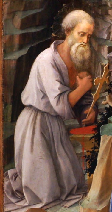 1455 ca Filippo_lippi Pala Annalena_adorazione_del_bambino_coi_ss._giuseppe,_girolamo,_ilarione_e_maria_maddalena,Uffizi detail jerome