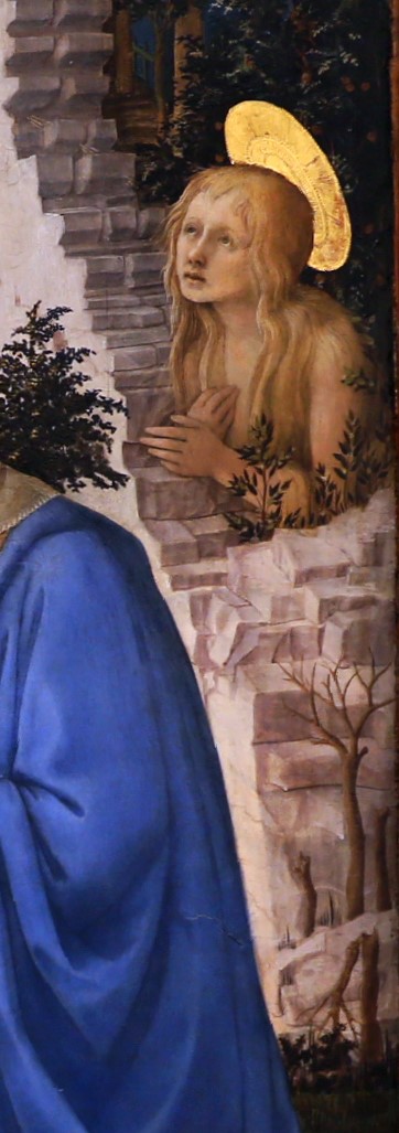 1455 ca Filippo_lippi Pala Annalena_adorazione_del_bambino_coi_ss._giuseppe,_girolamo,_ilarione_e_maria_maddalena,Uffizi detail sainte