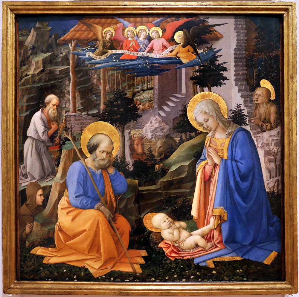 1455 ca Filippo_lippi Pala Annalena_adorazione_del_bambino_coi_ss._giuseppe,_girolamo,_ilarione_e_maria_maddalena,Uffizi