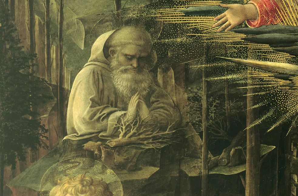 1457-59 Fra_Filippo_Lippi The_Adoration_in_the_Forest_-Berlin detail saint Romuald