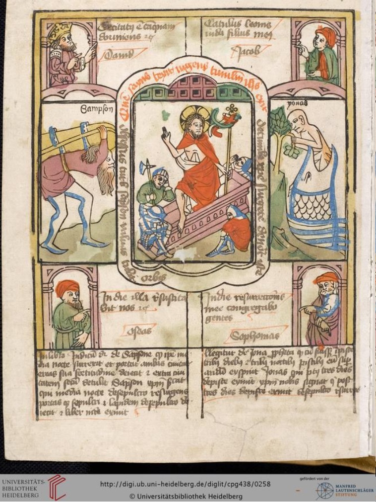 1455-58 Biblia pauperum resurrection Blockbuch Ostmitteldeutschland Heidelberg, Cod. Pal. germ. 438 fol 129v