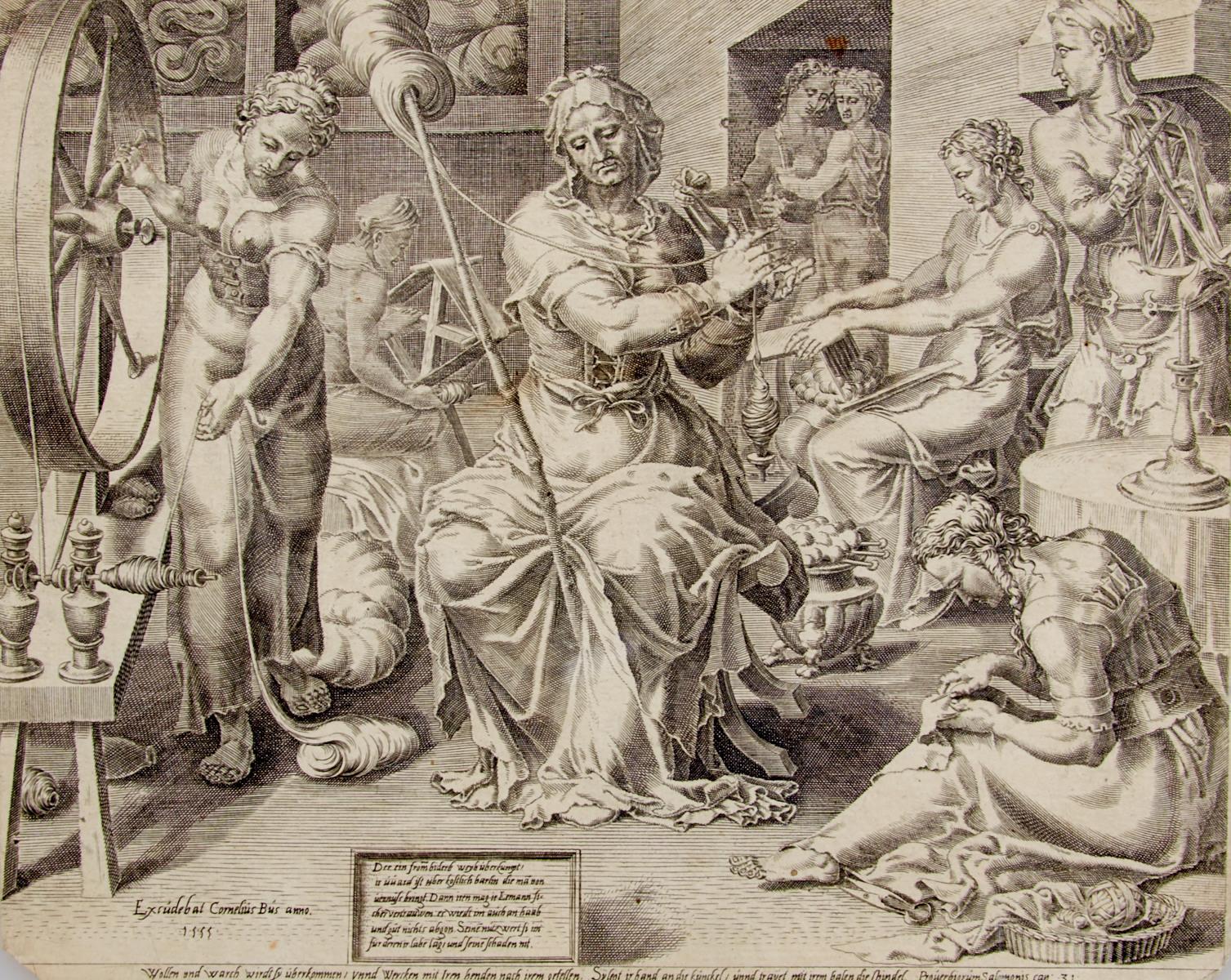 The praise of the virtuous woman (1555), n° 1 the industry. Engraving by Dirck Volckertsz. Coornhert, after a design by Maarten van Heemskerck