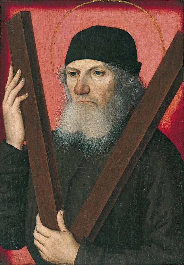Jean Beugier Maître des Portraits princiers, Portrait d'homme en saint André, vers 1470-80, Madrid, musée Thyssen-Bornemisza, inv. 251bo