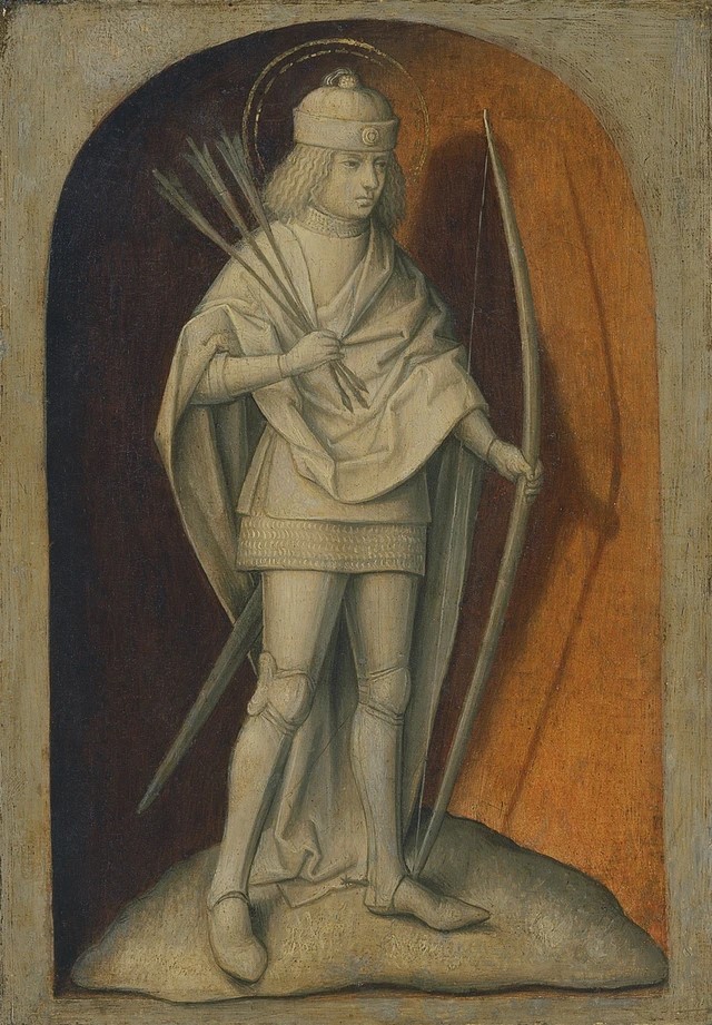 Jean Beugier Maître des Portraits princiers,Saint Sébastien en grisaille (revers), vers 1470-80, Madrid, musée Thyssen-Bornemisza, inv. 251bo