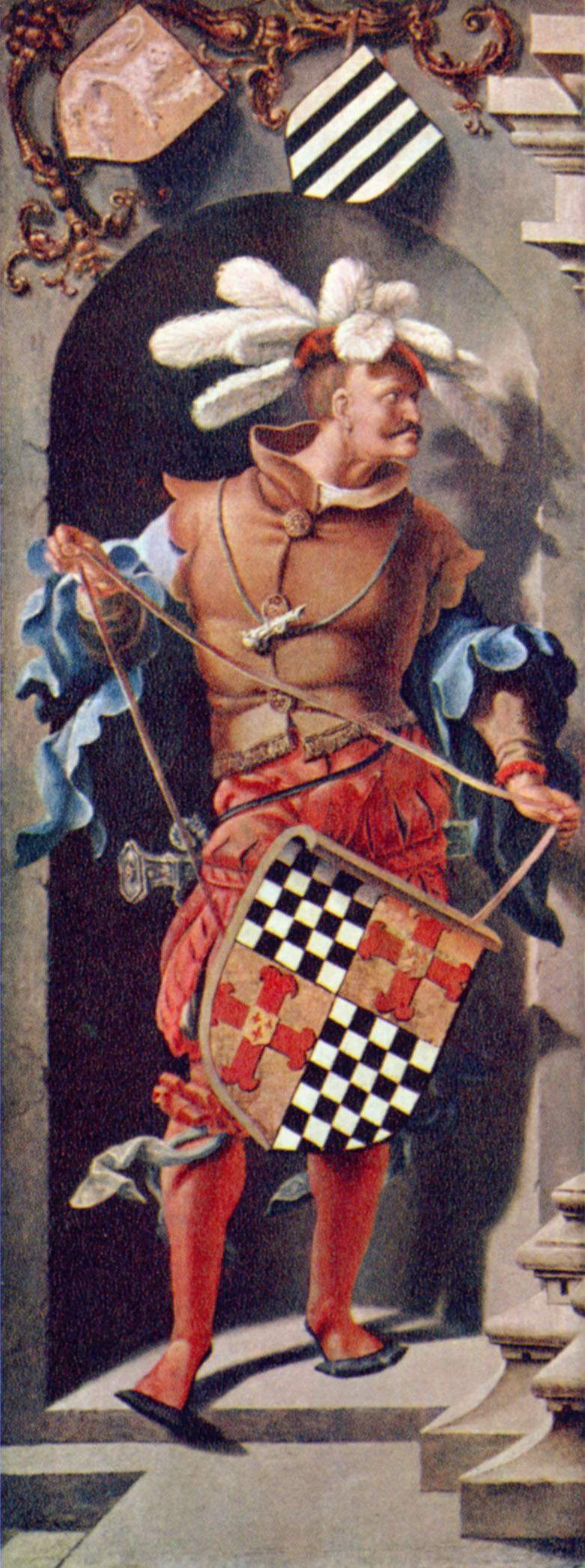 Lucas van Leyden Healing of Blind Man of Jericho (triptych) 1531 Ermitage Schilddrager met het wapen Jakob Florisz van Montfort.