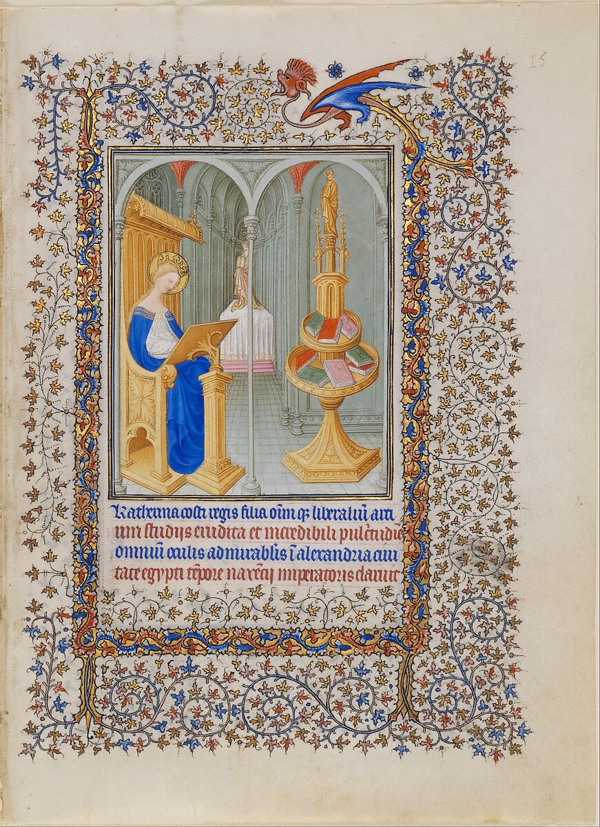 Limbourg 1405-09 Belles Heures MET Ste Catherine dans son etude fol 15r
