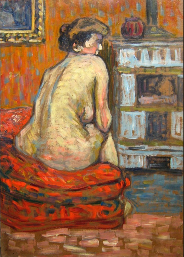 1913 Helene Funke sitting female nude at the fireplace signé Helene Funke Paris