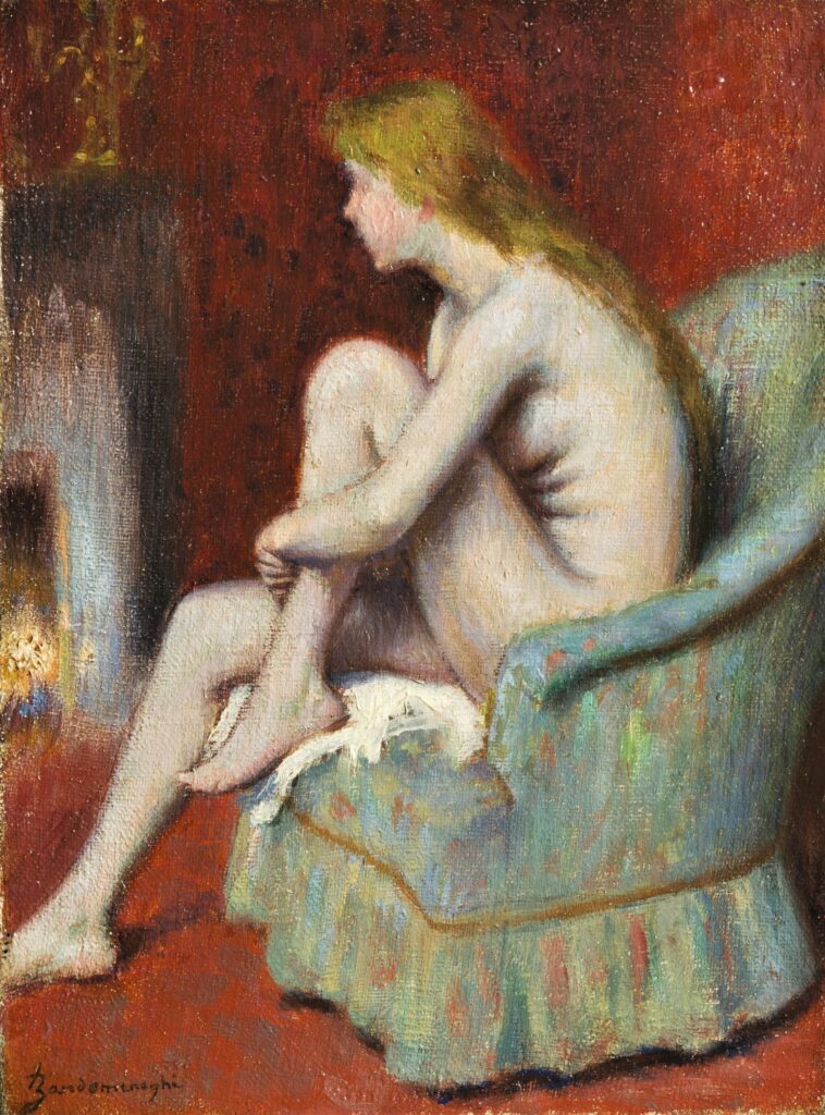1885 Federico Zandomeneghi, pastel The-model-resting-in-the-studio-nude-before-a-fireplace