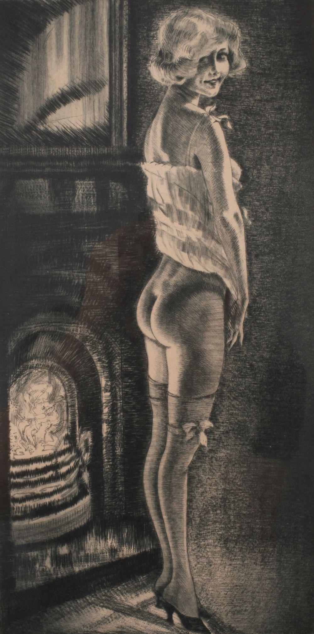 1925 ca max-bruening-Mädchen bei einem Kamin, radierung,