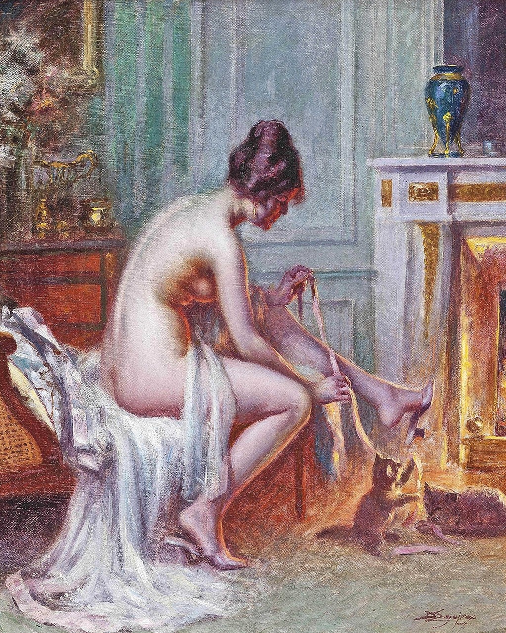 Delphin Enjolras (French, 1857-1945) - Catherine La Rose LES JEUNEs CHATS huile